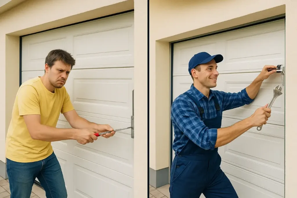 A comparison image showing DIY vs professional garage door repair