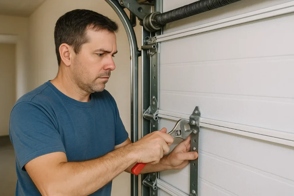 A homeowner tightening a garage door hinge. Simple garage door maintenance checklist